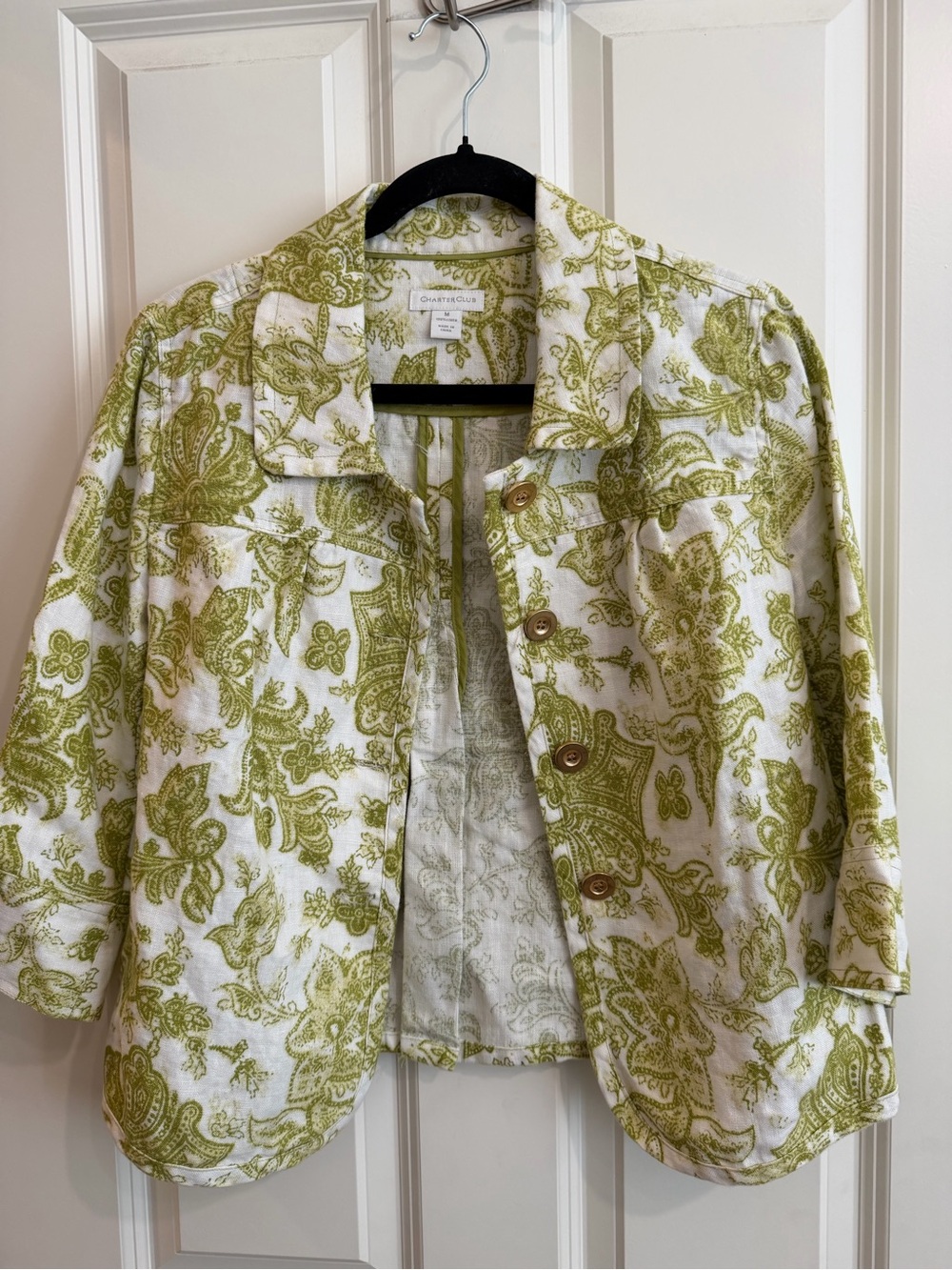100% linen 3/4 sleeve white and green paisley print jacket, size medium